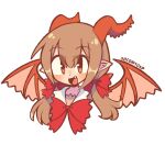  1girl blush bow brown_eyes brown_hair commentary dragon_girl dragon_horns dragon_wings english_commentary fang funamusea haiiro_teien hair_bow highres horns long_hair looking_at_viewer open_mouth poemi_(funamusea) pointy_ears red_bow simple_background smile sofo_soup solo white_background wings 