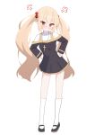  1girl absurdres anger_vein artist_request black_dress black_shoes blonde_hair closed_mouth commission dress full_body hair_bobbles hair_ornament hands_on_own_hips highres kneehighs long_hair long_sleeves looking_at_viewer original pointy_ears pout puff_of_air red_eyes second-party_source shoes simple_background socks solo standing twintails white_background white_socks 