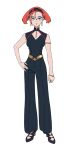  1girl annqi armlet bell-bottoms belt black_nails bracelet cleavage_cutout clothing_cutout earrings eyeshadow full_body green_eyeshadow grey_background gundam gundam_gquuuuuux hand_on_own_hip headband high_heels highres hoop_earrings jewelry looking_at_viewer makeup official_art orange_hair pants purple_eyes red_lips ring short_hair simple_background sleeveless solo standing 