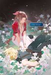  1boy 1girl aerith_gainsborough black_pants black_shoes blonde_hair braid breasts brown_gloves closed_eyes closed_mouth cloud_strife dialogue_box dress field final_fantasy final_fantasy_vii flower flower_field gloves highres jacket long_hair lying on_back pants pink_dress red_jacket shoes sitting sleeveless sleeveless_turtleneck small_breasts smile spiked_hair sweater turtleneck turtleneck_sweater twin_braids yueko_(jiayue_wu) 