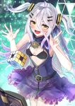  1girl ahoge ammo21204760 belt bikini black_belt black_bikini black_bra blush book bra breasts cleavage_cutout clothing_cutout cube dress frilled_dress frills gradient_hair grey_hair hair_between_eyes hair_ornament hair_ribbon hairclip hairpin henya_the_genius highres index_finger_raised long_bangs long_hair looking_at_viewer math multicolored_hair open_mouth partially_unzipped purple_dress purple_hair purple_ribbon ribbon roman_numeral sidelocks sleeveless sleeveless_dress small_breasts smile solo swimsuit two_side_up underwear virtual_youtuber vshojo yellow_eyes zipper zipper_pull_tab 