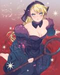  1girl ambrosia_(dungeon_meshi) arm_support barefoot blonde_hair blush breasts cleavage detached_collar detached_sleeves dungeon_meshi frown highres holding holding_staff long_hair marcille_donato marcille_donato_(lord) medium_breasts munrou pussy_juice serious sitting sleeves_past_wrists solo staff watermark yokozuwari 