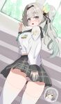  2girls absurdres alternate_hairstyle black_hairband blush buttons commentary_request double-breasted firefly_(honkai:_star_rail) firefly_(spring_missive)_(honkai:_star_rail) from_behind gradient_hair green_hair grey_hair grey_sailor_collar grey_skirt hairband highres honkai:_star_rail honkai_(series) indoors long_hair long_sleeves looking_back multicolored_hair multiple_girls nuuuukoame official_alternate_costume open_mouth panties pantyshot plaid_clothes plaid_skirt pleated_skirt ponytail purple_eyes sailor_collar school_uniform serafuku shirt skindentation skirt spoken_character stelle_(honkai:_star_rail) thighhighs thumbs_up trailblazer_(honkai:_star_rail) two-tone_hair underwear white_panties white_shirt white_thighhighs yellow_eyes 