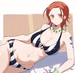  1girl absurdres bare_shoulders bead_necklace beads bikini blush bracelet breasts cleavage closed_mouth collarbone commentary commission cowboy_shot elbow_rest groin halterneck hand_on_own_hip highres jewelry kasuga_kaya large_breasts log_pose looking_at_viewer lying nami_(one_piece) navel necklace o-ring o-ring_bikini o-ring_top official_alternate_costume official_alternate_hairstyle on_side one_piece one_piece:_strong_world orange_eyes orange_hair short_hair shoulder_tattoo smile solo stomach striped_bikini striped_clothes swimsuit tattoo thighs vertical-striped_bikini vertical-striped_clothes 