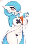  absurd_res anthro bebatch breasts female gardevoir generation_3_pokemon hand_on_breast hand_on_face hi_res humanoid medium_breasts mouth_closed nintendo nipple_covers nipples not_furry orange_eyes pokemon pokemon_(species) shiny_pokemon simple_background solo tongue tongue_out video_games white_body 