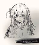  1girl art_tools_in_frame blush bocchi_the_rock! commentary_request cropped_torso cube_hair_ornament gotoh_hitori graphite_(medium) greyscale hair_between_eyes hair_ornament hatching_(texture) jacket linear_hatching long_hair looking_at_viewer monochrome one_side_up simple_background solo sweat takoiro traditional_media white_background 