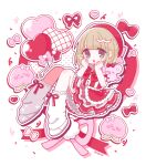  1girl :3 balloon blush bow bowtie brooch brown_eyes brown_hair commentary_request dot_nose food frilled_skirt frills fruit full_body hands_on_own_cheeks hands_on_own_face hat heart_balloon invisible_chair jewelry koa_sumomo koala leg_warmers mofu/mofu open_mouth peach pink_bow pink_ribbon pochirou_(ponpoc) puffy_short_sleeves puffy_sleeves real_life red_bow red_bowtie red_hat red_ribbon red_shirt ribbon shirt shoes short_hair short_sleeves sitting skirt smile sparkle tareme white_leg_warmers white_shoes 