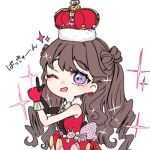  1girl ;d arched_crown bare_shoulders bow-shaped_hair brown_hair commentary crown dress earrings finger_gun fujishima_megumi hashtag-only_commentary heart heart_earrings jewelry jin_(oihlf) link!_like!_love_live! long_hair love_live! lowres official_alternate_costume one_eye_closed open_mouth profile_picture purple_eyes red_crown red_dress short_dress simple_background sleeveless sleeveless_dress smile solo sparkle translation_request two_side_up virtual_youtuber white_background zenhoi_kyun 