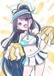  1girl aris_(blue_archive) black_hair blue_archive blue_eyes breasts cheerleader collarbone crop_top detached_collar giorgio_(yo_sumire_sola1) halo halterneck highres holding holding_pom_poms long_hair looking_at_viewer millennium_cheerleader_outfit_(blue_archive) miniskirt navel open_mouth pom_pom_(cheerleading) ponytail rectangular_halo skirt small_breasts solo stomach very_long_hair 