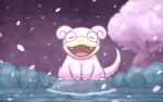  animal_focus bush cherry_blossoms closed_eyes commentary facing_viewer falling_petals fangs full_body no_humans nostrils open_mouth petals pink_petals pokemon pokemon_(creature) pokemon_focus slowpoke smile solo tree user_jjhz4477 water 