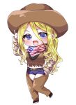  1girl :d american_flag american_flag_print bandana bandana_around_neck belt black_shoes blonde_hair blue_eyes blush breasts brown_arm_warmers brown_belt brown_hat brown_tank_top chaps chibi chibi_only cleavage cowboy_hat crop_top denim denim_shorts flag_print fringe_trim full_body hair_between_eyes hand_on_own_hip hand_up hat kimi_no_koto_ga_dai_dai_dai_dai_daisuki_na_100-nin_no_kanojo knees_together_feet_apart long_hair long_hair_between_eyes looking_at_viewer midriff navel open_mouth ponytail shoes short_shorts shorts sidelocks simple_background smile solo standing standing_on_one_leg tank_top thumbs_up v-shaped_eyebrows very_long_hair wavy_hair white_background yamato_nadeshiko_(hyakkano) yumenobetsu 