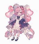 1girl balloon black_bonnet black_bow black_bowtie black_shoes blush bonnet bow bowtie coat commentary dress fang frilled_dress frills full_body heart_balloon high_heels highres holding holding_stuffed_toy lace-trimmed_headwear lace_trim large_teddy_bear long_skirt open_clothes open_coat open_mouth original ozureiji pantyhose pink_bow pink_eyes pink_hair pink_pantyhose shoes simple_background skin_fang skirt skirt_hold socks solo stuffed_animal stuffed_toy symbol-only_commentary tassel teddy_bear two-tone_pantyhose white_background white_dress white_pantyhose white_socks 