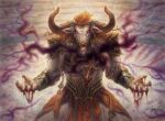 2021 anthro armor biped blood bodily_fluids bottomwear bovid bovine bracers clenched_teeth clothing curved_horn dated european_mythology glowing glowing_eyes gold_(metal) gold_jewelry greek_mythology hair hasbro horn jarel_threat jewelry kneeling loincloth magic magic:_the_gathering male mammal minotaur mythology official_art purple_magic red_hair signature solo teeth wizards_of_the_coast
