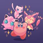  aimaay artist_name closed_eyes closed_mouth highres jigglypuff kirby kirby_(series) looking_at_viewer mew_(pokemon) open_mouth pokemon pokemon_(creature) smile star_(symbol) tail teeth upper_teeth_only 