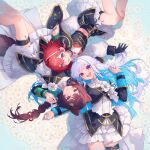  3girls :3 :d aiguillette ange_katrina animal_ears animal_hair_ornament armband black_cape black_gloves black_shirt black_skirt blue_armband blue_eyes blue_hair blue_nails blunt_bangs braid breasts brown_hair brown_tail cape collar collared_shirt colored_inner_hair commentary crossed_bangs cup_hair_ornament dog_ears dog_tail eyelashes flat_chest floating_cape floating_hair floral_background flower frilled_collar frilled_skirt frills gloves gold_trim gradient_eyes green_nails hair_between_eyes hair_intakes hair_ornament hair_ribbon hair_spread_out hand_up heterochromia highres idol_clothes inui_toko kutori_pan&#039;ya layered_shirt layered_skirt light_blush lize_helesta long_hair long_sidelocks long_sleeves looking_at_viewer low_twin_braids medium_hair midriff miniskirt multicolored_eyes multicolored_hair multiple_girls nail_polish nijisanji nijisanji_idol_uniform open_mouth print_cape puffy_long_sleeves puffy_sleeves purple_eyes red_eyes red_hair red_ribbon ribbon sanbaka_(nijisanji) shadow shirt side_cape sidelocks signature silver_tiara skirt sleeve_cuffs small_breasts smile star_(symbol) star_print streaked_hair symbol-only_commentary tail teeth thigh_strap tiara triangle_hair_ornament twin_braids two-tone_hair upper_teeth_only very_long_hair virtual_youtuber watermark white_flower white_hair white_shirt white_skirt yellow_eyes 