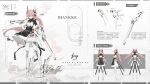  1girl android apron black_dress breasts cleavage clothing_cutout cyborg dress english_text full_body gun haufei_chongman headgear highres holding holding_gun holding_weapon joints long_hair looking_at_viewer mechanical_arms mechanical_ears mechanical_legs medium_breasts multiple_views no_feet original over_shoulder pink_eyes pink_hair red_eyes reference_sheet rifle robot_joints science_fiction smoke standing turnaround twintails very_long_hair weapon weapon_over_shoulder white_dress 