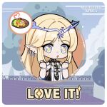  +_+ 1girl black_collar black_dress blonde_hair blue_eyes breasts cartethyia_(wuthering_waves) chibi chibi_only clenched_hands collar crown_of_thorns dress english_text excited food hands_up highres jewelry long_hair necklace official_art open_mouth pointy_ears sidelocks small_breasts solo tabard tacet_mark_(wuthering_waves) white_tabard wuthering_waves 