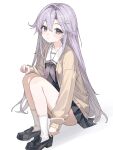  1girl cardigan collarbone green_eyes highres karyln loafers long_hair looking_at_viewer neckerchief original pleated_skirt purple_hair purple_neckerchief sailor_collar school_uniform serafuku shoes sitting skirt socks solo very_long_hair white_background white_socks 