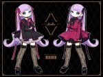  2girls barcode black_background black_ribbon black_shirt black_shoes black_skirt blue_eyes character_name closed_mouth fate/grand_order fate_(series) fishnet_thighhighs fishnets garter_straps highres long_hair long_sleeves martha_(fate) multiple_girls multiple_views odetooo pleated_skirt purple_hair red_ribbon red_shirt red_skirt ribbon shirt shoes skirt thighhighs very_long_hair 