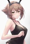  1girl black_camisole breasts brown_hair camisole cleavage closed_mouth collarbone gradient gradient_background green_eyes hair_between_eyes headgear highres kantai_collection large_breasts looking_at_viewer monoku mutsu_(kancolle) short_hair smile solo upper_body 