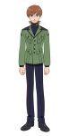  1boy black_pants black_shoes brown_hair dress_shoes epaulettes full_body green_eyes green_jacket gundam gundam_gquuuuuux highres jacket looking_at_viewer male_focus military_uniform official_art pants science_fiction shoes short_hair simple_background solo standing striped_clothes striped_pants transparent_background turtleneck xavier_olivette zeon 