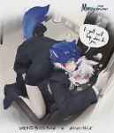 2025 5_fingers absurd_res anthro black_clothing black_nose blue_body blue_fur blush blush_lines bodily_fluids bottomwear canid canine canis chair cheek_tuft clothed clothing colored countershading digital_drawing_(artwork) digital_media_(artwork) duo embracing_during_sex english_text eyebrows eyes_closed eyewear facial_tuft fingers fluffy footwear fur furniture glasses grabbing_torso hair hi_res high-angle_view highlights_(coloring) holding_another hug hugging_another hugging_from_behind inside japanese_text looking_pleasured male male/male male_penetrated male_penetrating male_penetrating_male mammal multicolored_body multicolored_fur murizy narrowed_eyebrows narrowed_eyes neck_tuft obscured_penetration office office_chair open_mouth pants partially_clothed penetration penile penile_penetration pivoted_ears raised_tail sex shaded shaggy_hair shirt socks speech_bubble spread_legs spreading steam suit suit_jacket sweat tail teeth text tongue topwear tuft watermark white_body white_fur wolf