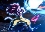  1boy black_background blue_boots body_fur boots dragon_ball dragon_ball_daima energy_beam from_side kamehameha_(dragon_ball) limandao long_hair male_focus monkey_tail muscular muscular_male orange_pants pants profile red_eyes red_fur red_hair red_tail simple_background solo son_goku spiked_hair standing super_saiyan super_saiyan_4 tail topless_male translation_request twitter_username 