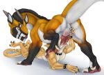 2017 anthro anthro_on_feral anthro_penetrated anus balls bestiality bodily_fluids bracelet claws collar duo erection felkin fellatio feral feral_penetrating feral_penetrating_anthro fish forked_tongue genitals holding_balls horn jewelry knot leg_on_shoulder looking_back male male/male marine multicolored_body neck_bulge neverneverland nude oral oral_penetration orange_body penetration penile penis penis_in_mouth saliva saliva_on_penis servicing_from_below sex shark simple_background spiked_bracelet spiked_collar spikes sucking tail tan_body teeth tongue tongue_out two_tone_body yellow_eyes