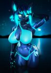  3d_(artwork) 808_(cosplay) 808_(hi-fi_rush) absurd_res bikini blender_(artwork) blender_eevee clothing digital_media_(artwork) domestic_cat felid feline felis female glowing glowing_eyes glowing_hair glowing_hair_tips hair hi-fi_rush hi_res looking_at_viewer mammal mica_(zyndet_fierfly) microsoft night outside smile solo swimwear tango_gameworks thedirtyant two-piece_swimsuit water 