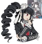  1girl 2hyu_00 black_hair blunt_bangs celestia_ludenberg claw_ring cropped_torso danganronpa:_trigger_happy_havoc danganronpa_(series) drill_hair frills game_screenshot_inset gothic_lolita hair_ribbon hairband hand_in_own_hair hashtag-only_commentary highres jewelry lolita_fashion long_hair long_sleeves open_mouth red_eyes ribbon simple_background solo twin_drills upper_body white_background white_hairband white_ribbon 