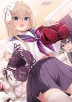  1girl 2girls black_bra black_hair blonde_hair blue_eyes bra heart heart-shaped_pupils lingerie long_hair looking_at_object multiple_girls navel neckerchief nekokobushi original purple_neckerchief purple_sailor_collar red_bra ribbonko-chan sailor_collar school_uniform serafuku shirt skirt solo symbol-shaped_pupils thighhighs thighs underwear white_shirt white_thighhighs 