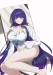  1girl absurdres ass barefoot black_ribbon blunt_bangs bottomless breasts cleavage collarbone commentary earrings fingernails foot_out_of_frame highres honkai_(series) honkai_impact_3rd jewelry large_breasts lilin_(pixiv_25958194) long_fingernails long_hair looking_at_viewer nail_polish neck_ribbon parted_lips purple_eyes purple_hair purple_nails raiden_mei raiden_mei_(apho) ribbon shirt solo thighs very_long_hair white_shirt 