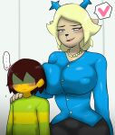 age_difference anthro antlers aroused assertive_anthro assertive_female behind_another big_breasts blonde_hair blue_antlers blue_clothing blue_eyes blue_nose blush bodily_fluids breast_squish breasts breasts_against_back brown_hair carol_holiday cleft clothing curvy_figure deer deltarune duo enigi09 female female_on_human fur hair hand_on_shoulder heart_symbol hi_res horn human human_on_anthro interspecies jewelry kris_(deltarune) larger_anthro larger_female looking_at_another looking_down_at_another looking_down_at_partner male male/female male_on_anthro mammal mature_anthro mature_female narrowed_eyes necklace nervous nervous_sweat new_world_deer nipple_outline older_anthro older_female reindeer seduced sexual_tension shaded shaded_face shadowed_eyes shirt simple_background size_difference small_waist smaller_human smaller_male smile squish sweat sweatdrop sweater tan_body tan_fur thought_bubble tight_clothing tight_topwear topwear undertale_(series) white_background wide_hips younger_human younger_male