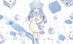  1girl bag blue_eyes blue_hair blue_shirt closed_mouth dice double-parted_bangs dress frilled_dress frills from_above highres holding holding_bag kotoruri long_hair original shirt shoes short_sleeves socks solo standing sweatdrop white_dress white_shoes white_socks 