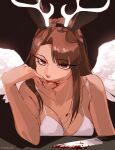  1girl animal_ear_hairband animal_ears biting_own_finger blood blood_on_knife blood_on_mouth bra breasts brown_hair cleavage covering_own_mouth elbow_rest fake_animal_ears fake_antlers feathered_wings hair_over_one_eye hairband hand_over_own_mouth highres knife leaning_forward looking_at_viewer no_shirt original par0llel rabbit_ear_hairband rabbit_ears red_eyes scar scar_on_arm smile solo spaghetti_strap underwear upper_body white_wings wings 