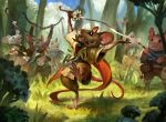 2024 ambiguous_gender anthro barefoot belt biped black_eyes bow_(weapon) broccoli buckteeth button_(fastener) feet food grass group hasbro hi_res holding_bow_(weapon) holding_melee_weapon holding_object holding_ranged_weapon holding_staff holding_sword holding_weapon john_thacker leaf magic:_the_gathering mammal melee_weapon mouse murid murine official_art open_mouth plant ranged_weapon rodent smile staff standing sword teeth vegetable weapon whiskers white_whiskers wizards_of_the_coast
