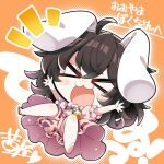  &gt;_&lt; 1girl :3 :d akaneya animal_ears arms_up barefoot black_hair blush_stickers carrot carrot_necklace chibi chibi_only closed_eyes commission dress floppy_ears inaba_tewi jewelry long_hair necklace open_mouth orange_background pendant pink_dress rabbit_ears rabbit_girl red_eyes ribbon-trimmed_dress ribbon_trim short_hair short_sleeves skeb_commission smile solo spread_legs touhou 