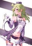  1girl 2_ru absurdres aki_mabayu black_panties detached_collar detached_sleeves gloves green_hair highres kishimen_hair looking_at_viewer magia_record:_mahou_shoujo_madoka_magica_gaiden magical_girl mahou_shoujo_madoka_magica miniskirt navel panties purple_eyes skirt solo underwear white_gloves 
