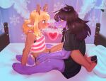 4_fingers 4_toes angel_figurine anthro antlers arm_support arm_tuft artist_name athletic athletic_female bandeau bare_shoulders bed bedroom biped black_bandeau black_clothing black_panties black_shirt black_t-shirt black_topwear black_underwear blonde_hair blush blush_lines breasts brown_body brown_fur brown_hair buckteeth christmas_decorations christmas_lights claws cleavage clock clothed clothing cloven_hooves countershade_tail countershading deer deltarune digital_media_(artwork) duo elbow_tuft eye_contact eye_through_hair eyebrow_through_hair eyebrows eyelashes face_to_face feet female female/female figurine finger_claws fingers fur furniture glistening glistening_body glistening_eyes glistening_hair grin hair haisevaa happy heart_symbol hi_res hip_grab hooves horn inner_ear_fluff inside leg_wrap legs_around_partner long_hair looking_at_another looking_at_partner mammal midriff navel new_world_deer noelle_holiday on_bed panties pattern_clothing pattern_shirt pattern_tank_top pattern_topwear pillow purple_body purple_eyes red_nose reindeer scalie scut_tail sharp_teeth shelf shirt short_tail shoulder_tuft side_mouth side_view sitting sitting_on_bed small_breasts smile snowflake snowflake_decoration striped_clothing striped_shirt striped_tank_top striped_topwear stripes susie_(deltarune) t-shirt tail tank_top teeth text tinsel toe_claws toes topwear translucent translucent_hair tuft unavailable_at_source undertale_(series) underwear white_inner_ear_fluff yellow_eyes yellow_sclera yellow_teeth