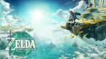  1boy absurdres blonde_hair blue_sky cloak copyright_name floating_island gloves highres link logo master_sword official_art pointy_ears ponytail ruins serious short_ponytail sky solo squatting sword the_legend_of_zelda the_legend_of_zelda:_breath_of_the_wild the_legend_of_zelda:_tears_of_the_kingdom volcano weapon 