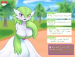 2025 3_fingers absurd_res avery_(shiney) bangs big_breasts black_eyebrows blue_sky blush blush_lines breasts busty_boy_(lore) chest_spike cleavage clothed clothing cloud dating_sim dialogue dress english_text eye_through_hair eyebrows eyelashes female female_humanoid fingers gardevoir generation_3_pokemon grass green_body green_clothing green_dress green_hair green_text hair heart_symbol hi_res humanoid kawma leaning leaning_forward long_hair looking_at_viewer love_ball multicolored_body multicolored_clothing multicolored_dress nintendo not_furry open_mouth outside pink_eyes pink_spikes pink_tongue plant pokeball pokemon pokemon_(species) pupils signature sky solo spikes spikes_(anatomy) standing stuttering talking_to_viewer text tongue translucent translucent_hair tree two_tone_body two_tone_clothing two_tone_dress white_body white_clothing white_dress