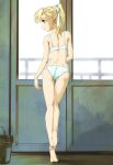  1girl ass barefoot blonde_hair blue_bra blue_panties blue_ribbon bra commentary_request feet from_behind full_body green_eyes hair_ribbon high_ponytail highres indoors looking_to_the_side marutaya medium_hair panties petite ponytail profile ribbon soles solo spine standing standing_on_one_leg tada-kun_wa_koi_wo_shinai teresa_wagner thigh_gap thighs underwear underwear_only window 
