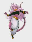  1girl android_21 bare_shoulders black_nails black_tube_top blue_eyes breasts closed_mouth colored_skin dragon_ball dragon_ball_fighterz earrings full_body hoop_earrings jewelry kemachiku long_hair majin_android_21 midriff navel pants pink_hair pink_skin pointy_ears solo strapless tail tube_top white_pants 