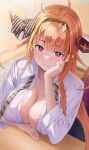  1girl absurdres ahoge alternate_costume black_skirt blunt_bangs bow braid breast_rest breasts cleavage collared_shirt commentary_request dragon_girl dragon_horns dragon_tail from_above hair_ornament hairband head_rest highres hololive horn_bow horn_ornament horns kiryu_coco large_breasts light_blush light_smile long_hair mochiki_927 multicolored_hair necktie orange_hair pointy_ears school_uniform shirt side_braid single_braid skirt sleeves_rolled_up solo streaked_hair striped_necktie tail three-quarter_sleeves unbuttoned unbuttoned_shirt virtual_youtuber white_shirt 