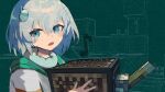  1girl blue_eyes cevio eighth_note green_background grey_nails hair_between_eyes hair_ornament highres hitoribocchi_sangyou_kakumei_(cevio) holding holding_block hood hooded_jacket jacket lever looking_at_viewer minecraft musical_note nail_polish note_block_(minecraft) open_mouth pixelated sabiaji_(gama_ou) short_hair solo white_hair white_jacket 
