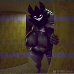 1:1 3d_(artwork) anthro armwear backrooms_creature big_breasts black_body black_fur bottomwear breasts cleavage clothed clothing digital_media_(artwork) ear_piercing empty_eyes english_text exposed_breasts female fishnet_clothing fur hi_res horror_(theme) humanoid karelia_(ace_rattman) latex latex_clothing looking_at_viewer looming n00b-body nails obscured_face piercing shirt shorts slightly_chubby smile smiler_(the_backrooms) solo standing teasing text the_backrooms thick_thighs tongue topwear vhs_filter white_eyes white_tongue wide_hips