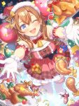  1girl absurdres artist_request bare_shoulders bell black_ribbon blue_eyes boots bow breasts brown_hair christmas confetti dress dutch_angle earrings food from_above gift gloves hair_ornament hair_ribbon hat highres jewelry long_hair nabatame_haru neck_bell neck_ribbon night official_art one_eye_closed open_hand open_mouth outdoors outstretched_arms pink_boots pink_shoes pink_skirt plaid_bow reaching reaching_towards_viewer red_bow ribbon santa_costume santa_dress santa_hat shine_post shoes sidelocks skirt smile solo teeth thighhighs turkey_(food) upper_teeth_only white_gloves white_thighhighs yellow_bow 