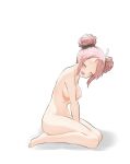  1girl absurdres ahoge alternate_hairstyle arms_between_legs barefoot black_ribbon blush breasts closed_eyes completely_nude double_bun english_commentary feet forehead from_side hair_bun hair_ribbon highres hitorilily large_breasts love_live! love_live!_nijigasaki_high_school_idol_club nipples nude open_mouth parted_bangs pink_hair ribbon simple_background sitting smile solo thighs tile_floor tiles toes wariza white_background zhong_lanzhu 
