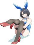  1girl animal_ears baasaku_(balasaku24) black_hair black_thighhighs blue_leotard breasts cleavage fake_animal_ears high_heels highres kantai_collection leotard looking_at_viewer playboy_bunny red_eyes red_shoes shoes sitting solo takao_(kancolle) thighhighs thighs white_background 