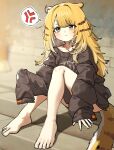  1girl :&lt; absurdres anger_vein animal_ears bare_legs barefoot blonde_hair blush chroong collarbone commentary_request feet green_eyes highres ju_fufu korean_commentary legs long_hair looking_at_viewer naked_shirt no_pants oversized_clothes pout shirt sleeves_past_fingers sleeves_past_wrists solo spoken_anger_vein striped_hair striped_tail tail tiger_ears tiger_girl tiger_tail toes very_long_hair very_long_sleeves zenless_zone_zero 